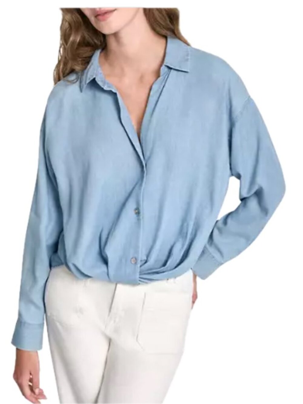DKNY Jeans Women's Button Front Twist Hem Shirt Lightweight Denim Look Size L